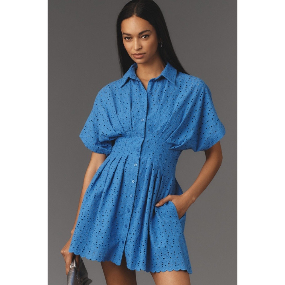 Anthropologie Exquise The Tobie Shirt Dress 2X Mini Eyelet Edition Blue‎